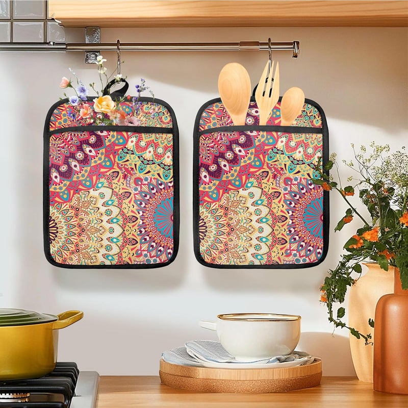 HUGANE Colorful Abstract Mandala Floral Pot Holders for Kitchen, Boho Vibrant Ethnic Flower Botanical Heat Resistant Hot Pads and Oven Mitts for Baking Cooking - Image 2